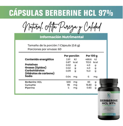 NAIMA Berberine HCL 97%, 60 Cápsulas | Suplemento Alimenticio 100% Puro| Ingredientes Naturales con Piperina y Cúrcuma| Complemento Digestivo NAIMA y Antioxidante | Alta Absorción, Sin Aditivos