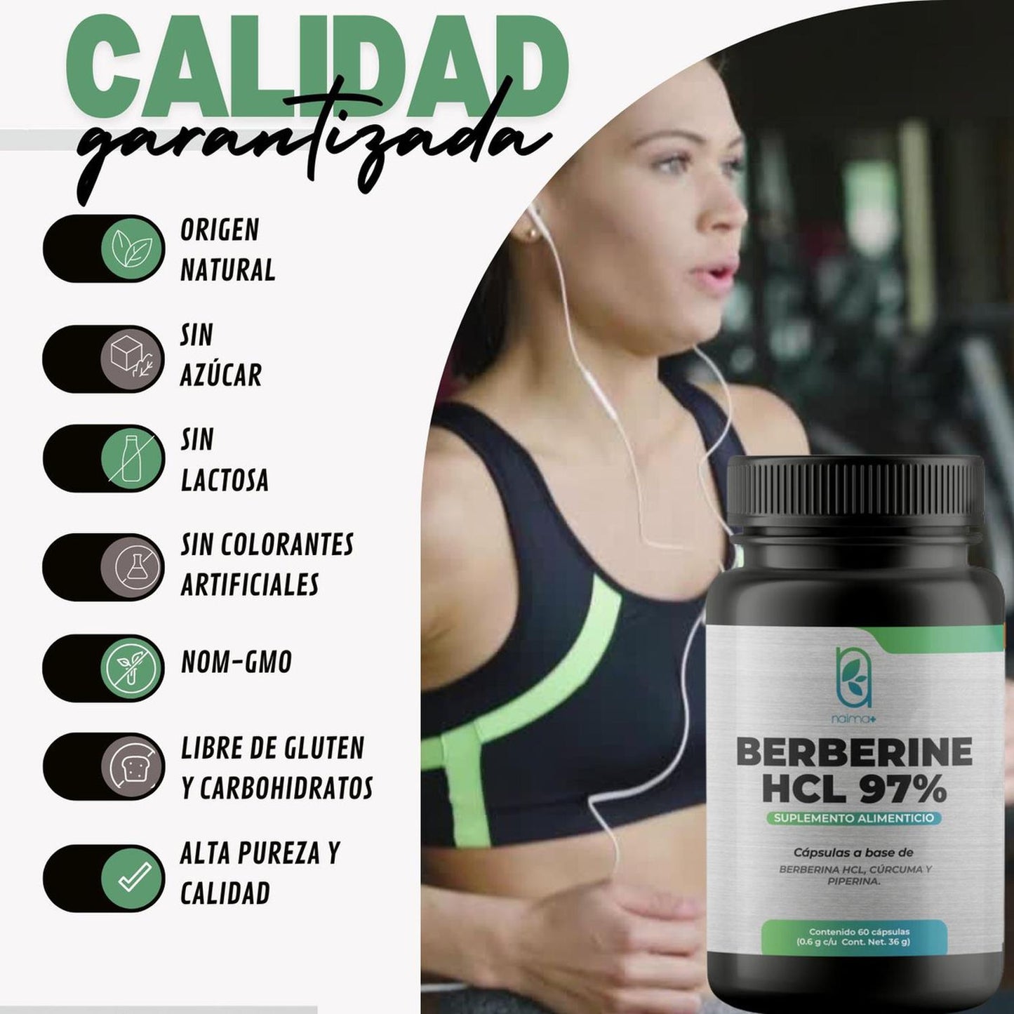 NAIMA Berberine HCL 97%, 60 Cápsulas | Suplemento Alimenticio 100% Puro| Ingredientes Naturales con Piperina y Cúrcuma| Complemento Digestivo NAIMA y Antioxidante | Alta Absorción, Sin Aditivos