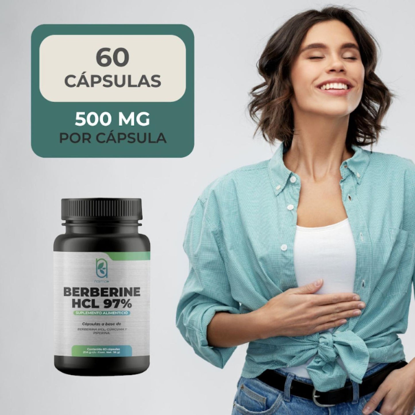 NAIMA Berberine HCL 97%, 60 Cápsulas | Suplemento Alimenticio 100% Puro| Ingredientes Naturales con Piperina y Cúrcuma| Complemento Digestivo NAIMA y Antioxidante | Alta Absorción, Sin Aditivos