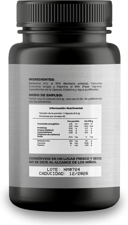 NAIMA Berberine HCL 97%, 60 Cápsulas | Suplemento Alimenticio 100% Puro| Ingredientes Naturales con Piperina y Cúrcuma| Complemento Digestivo NAIMA y Antioxidante | Alta Absorción, Sin Aditivos