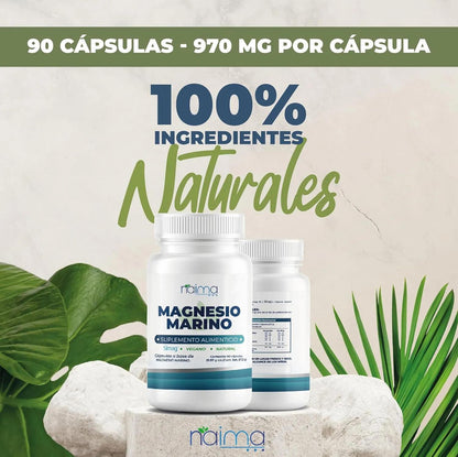 NAIMA Magnesio Marino 90 Cápsulas | SIMAG Magnesio Marino del Mediterráneo Francés | Cápsula Vegana | Puro, de Origen Natural | Descaso, Energía, Digestión y Alta absorción | Sin Aditivos | 970mg por Cápsula