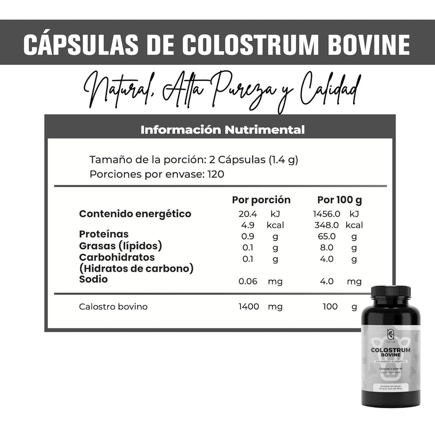 NAIMA Colostrum Bovine 240 Cápsulas | Ingredientes Naturales de origen Bovino | Salud digestiva | Calostro Bovino | Nutrientes esenciales | 700mg por Cápsula |