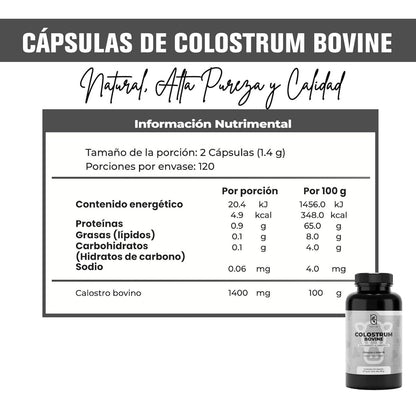 NAIMA Colostrum Bovine 240 Cápsulas | Ingredientes Naturales de origen Bovino | Salud digestiva | Calostro Bovino | Nutrientes esenciales | 700mg por Cápsula |