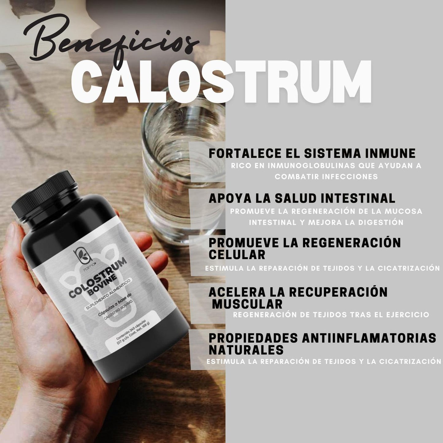 NAIMA Colostrum Bovine 240 Cápsulas | Ingredientes Naturales de origen Bovino | Salud digestiva | Calostro Bovino | Nutrientes esenciales | 700mg por Cápsula |
