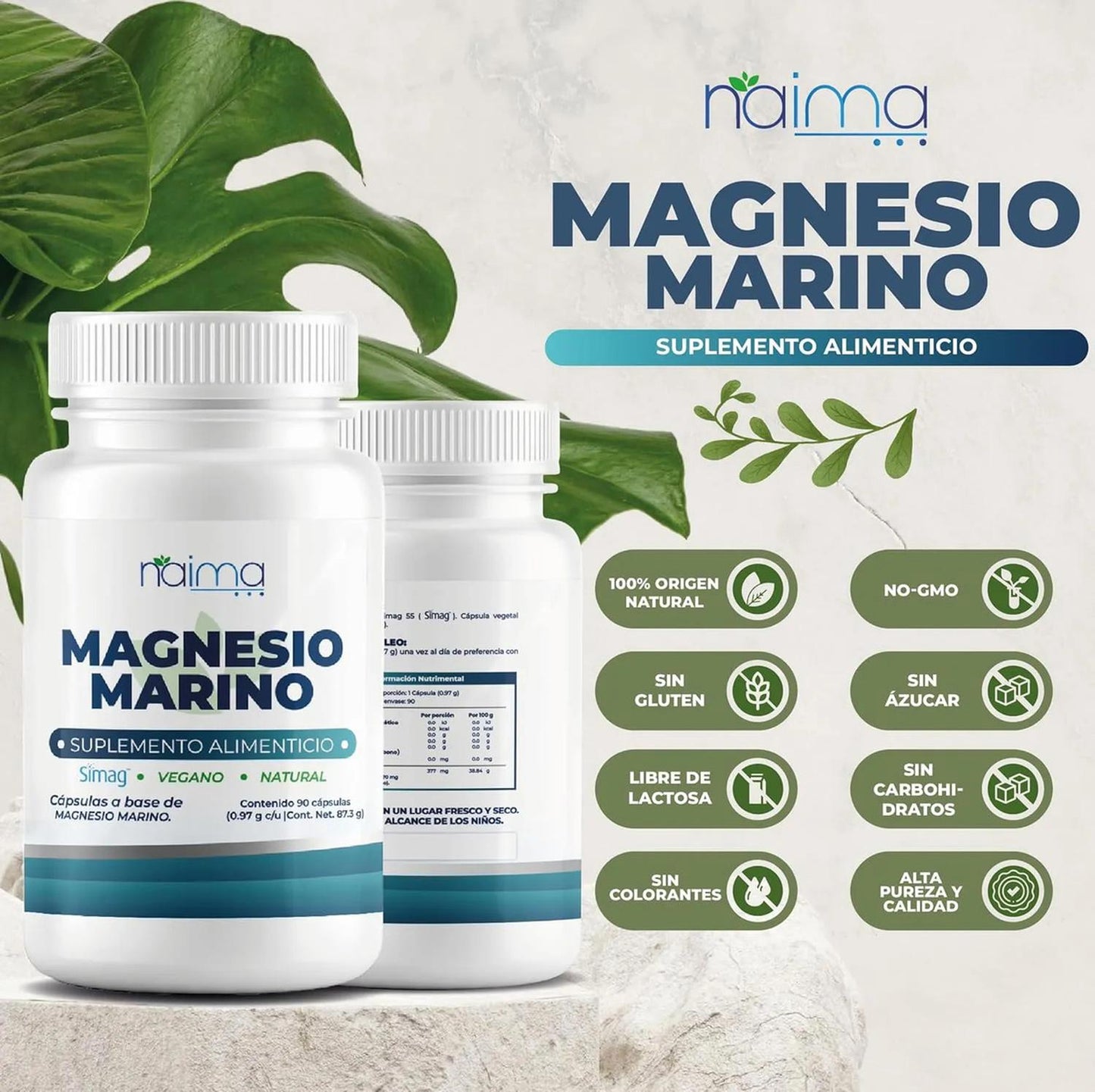 NAIMA Magnesio Marino 90 Cápsulas | SIMAG Magnesio Marino del Mediterráneo Francés | Cápsula Vegana | Puro, de Origen Natural | Descaso, Energía, Digestión y Alta absorción | Sin Aditivos | 970mg por Cápsula