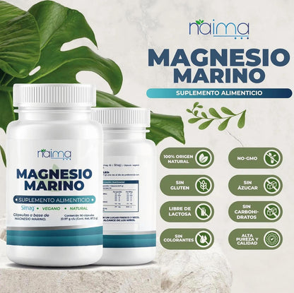 NAIMA Magnesio Marino 90 Cápsulas | SIMAG Magnesio Marino del Mediterráneo Francés | Cápsula Vegana | Puro, de Origen Natural | Descaso, Energía, Digestión y Alta absorción | Sin Aditivos | 970mg por Cápsula