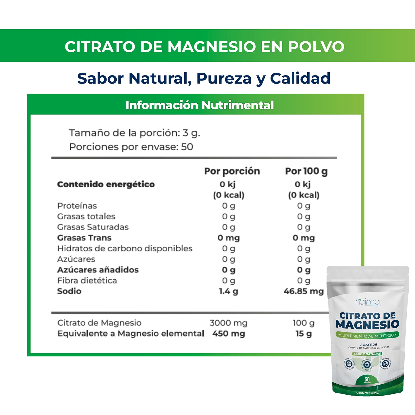 Polvo Citrato De Magnesio sabor natural 150g