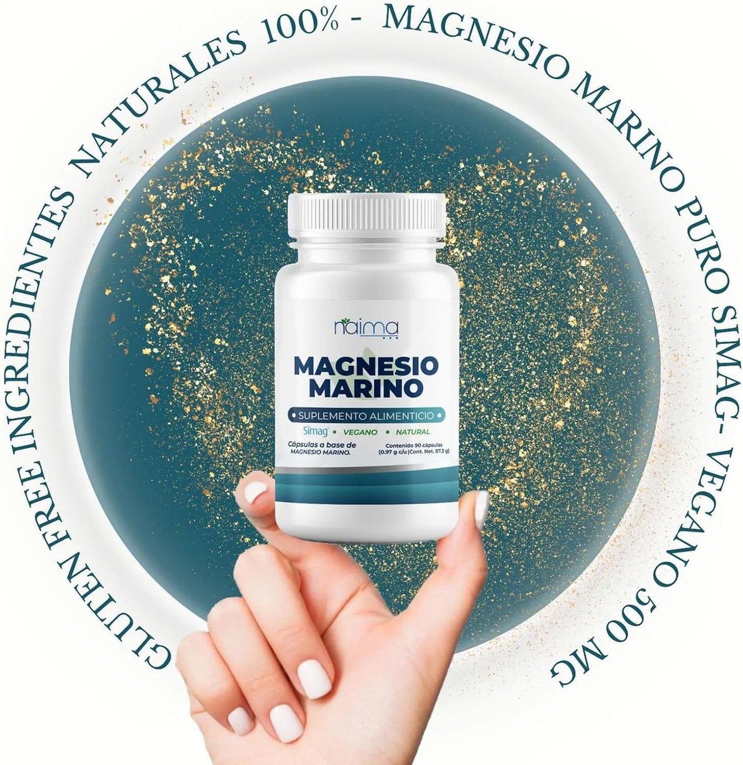 NAIMA Magnesio Marino 90 Cápsulas | SIMAG Magnesio Marino del Mediterráneo Francés | Cápsula Vegana | Puro, de Origen Natural | Descaso, Energía, Digestión y Alta absorción | Sin Aditivos | 970mg por Cápsula