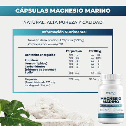NAIMA Magnesio Marino 90 Cápsulas | SIMAG Magnesio Marino del Mediterráneo Francés | Cápsula Vegana | Puro, de Origen Natural | Descaso, Energía, Digestión y Alta absorción | Sin Aditivos | 970mg por Cápsula