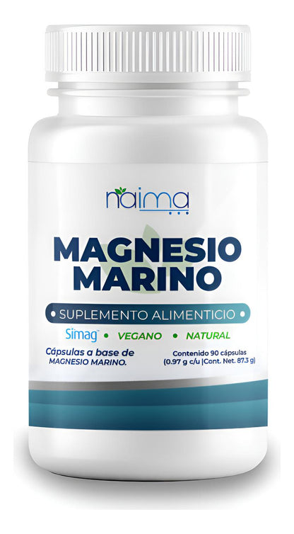 NAIMA Magnesio Marino 90 Cápsulas | SIMAG Magnesio Marino del Mediterráneo Francés | Cápsula Vegana | Puro, de Origen Natural | Descaso, Energía, Digestión y Alta absorción | Sin Aditivos | 970mg por Cápsula